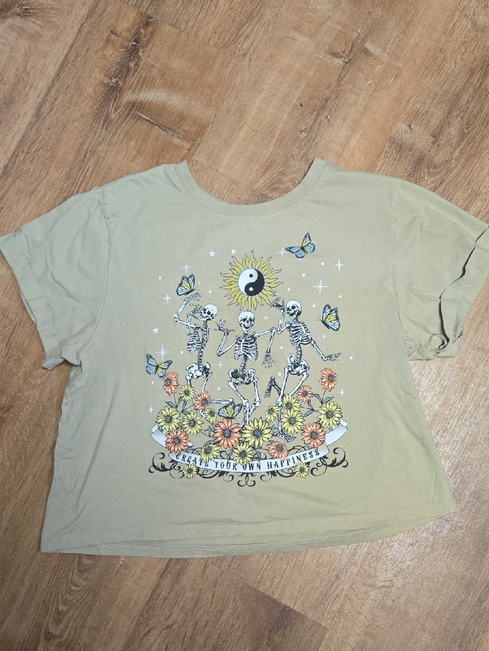 Vibe N' Graphic Crop Tee with Dancing Skeletons and Sun L Cotton